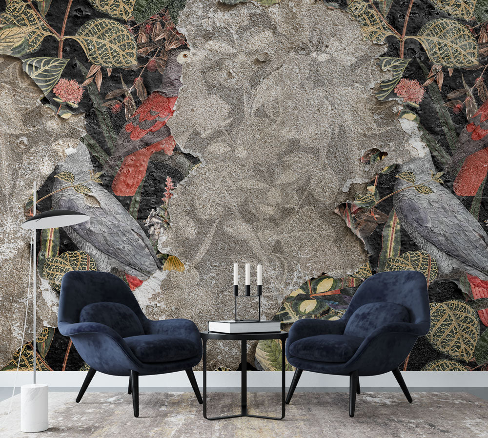 Torn Wall Wallpaper : Birds and Flowers Behind Plaster Mural - View 4