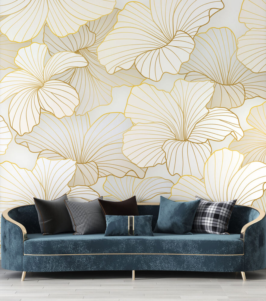 Gold Line Lotus Wallpaper : Art Deco Floral Mural - View 3