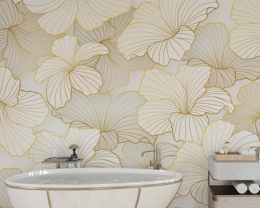 Gold Line Lotus Wallpaper : Art Deco Floral Mural