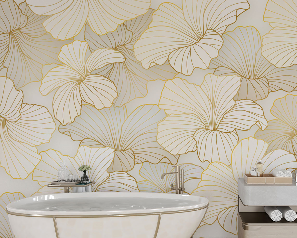 Gold Line Lotus Wallpaper : Art Deco Floral Mural