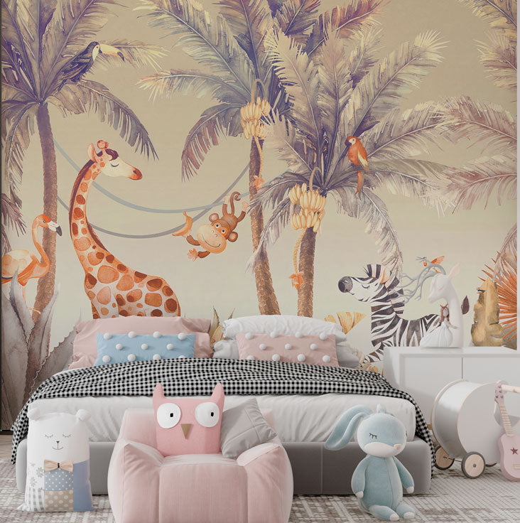 Safari Animals Wallpaper : Palm Tree Jungle Kids Mural - View 3