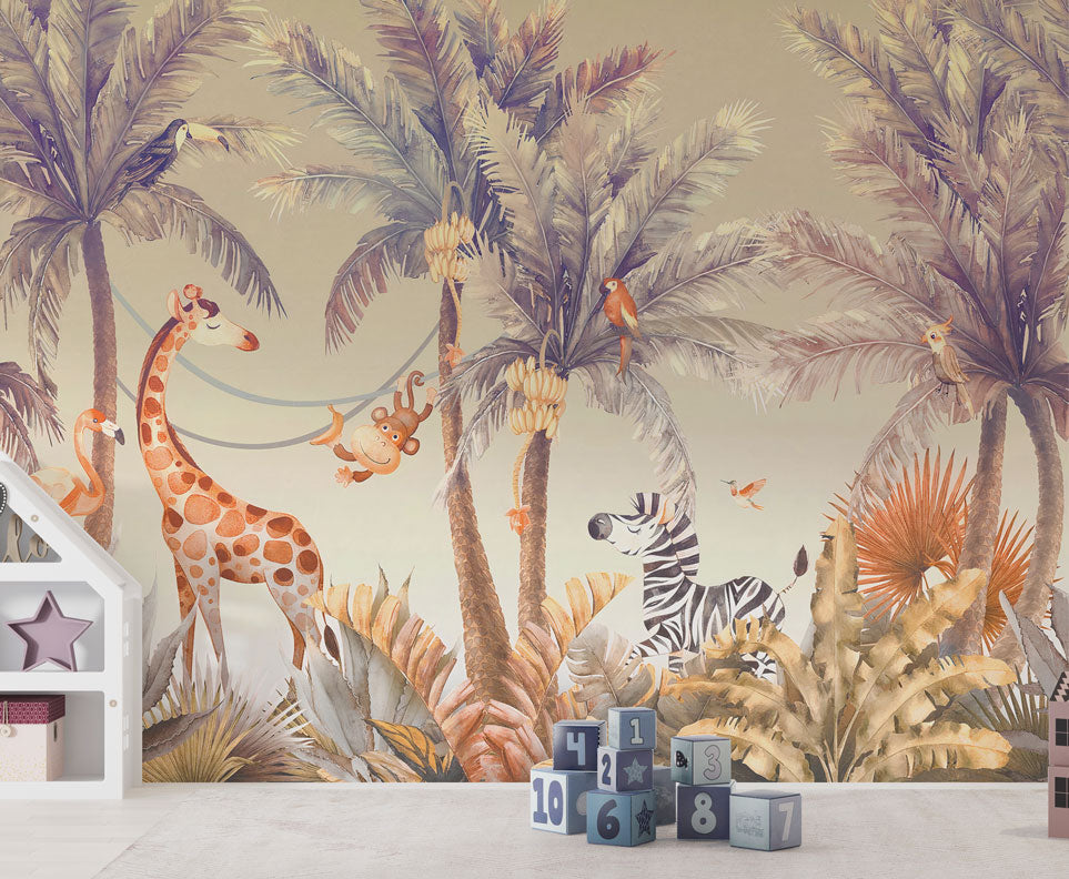 Safari Animals Wallpaper : Palm Tree Jungle Kids Mural