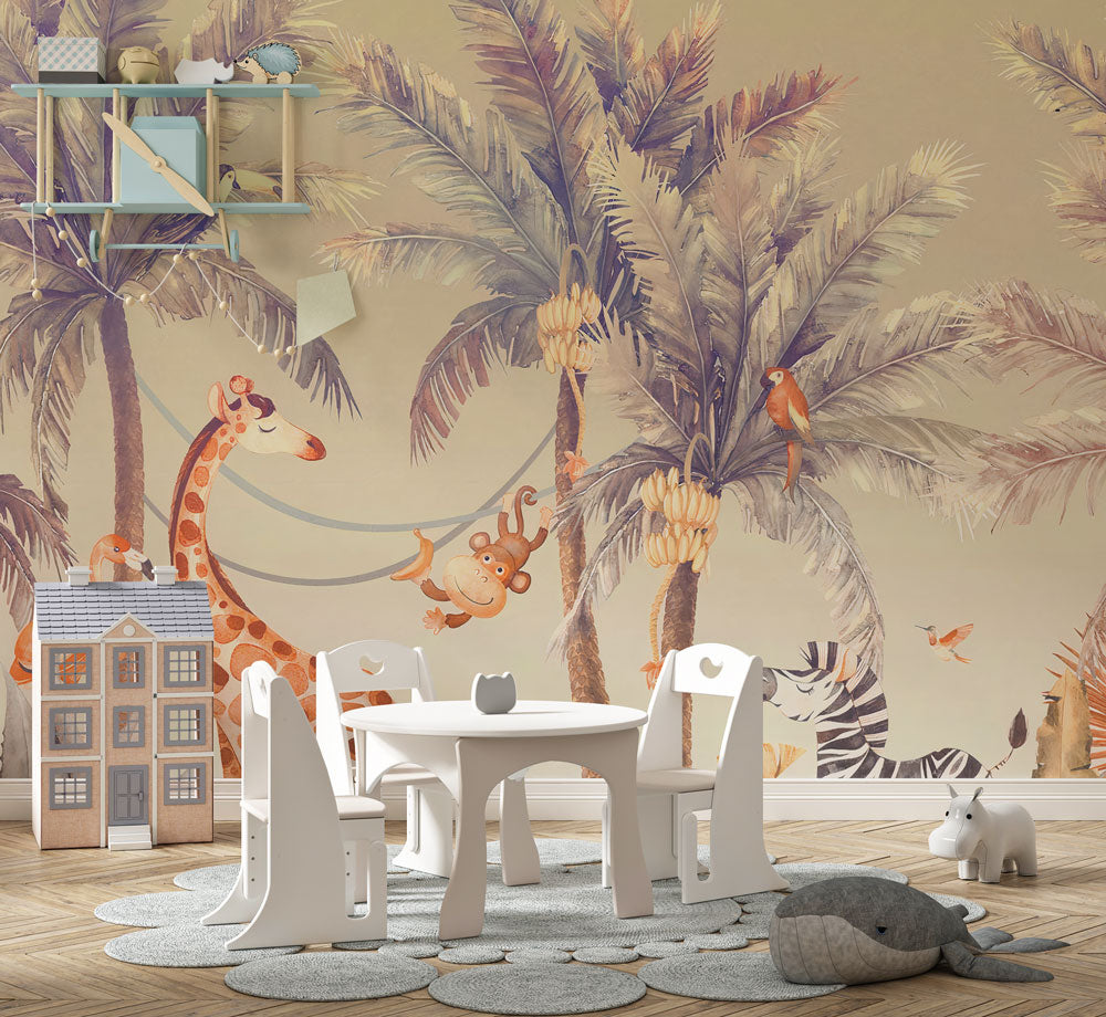 Safari Animals Wallpaper : Palm Tree Jungle Kids Mural - View 4