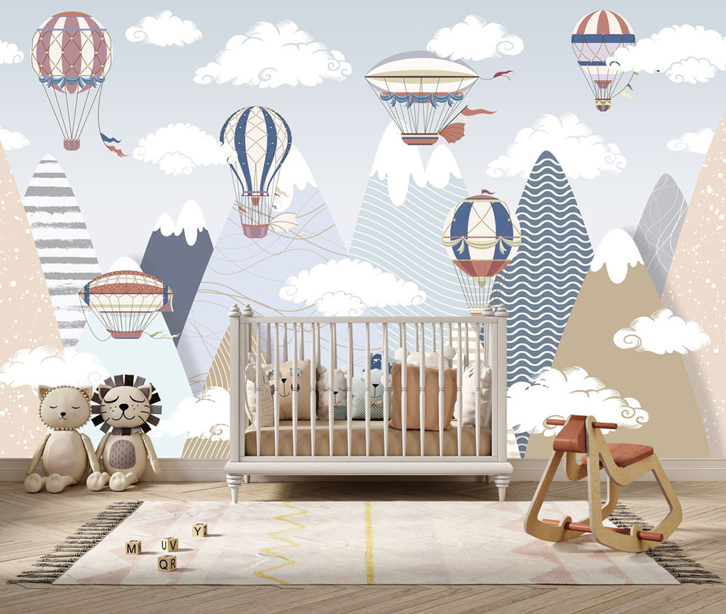 Hot Air Balloon Wallpaper : Pastel Mountains Kids Mural - View 3