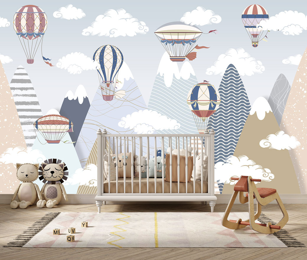 Hot Air Balloon Wallpaper : Pastel Mountains Kids Mural - View 3