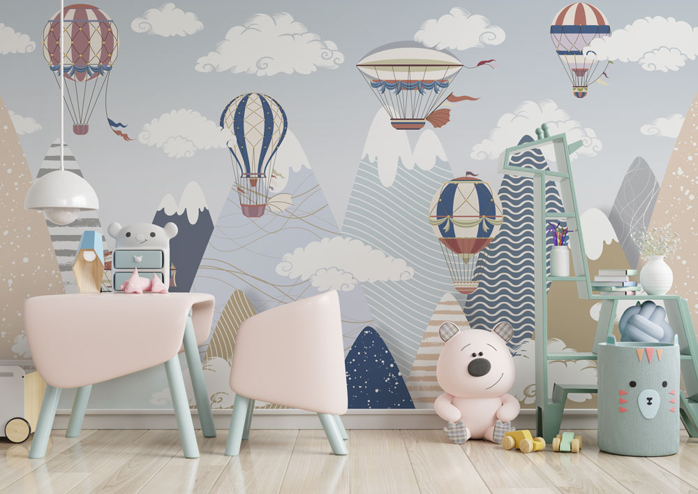 Hot Air Balloon Wallpaper : Pastel Mountains Kids Mural - View 4