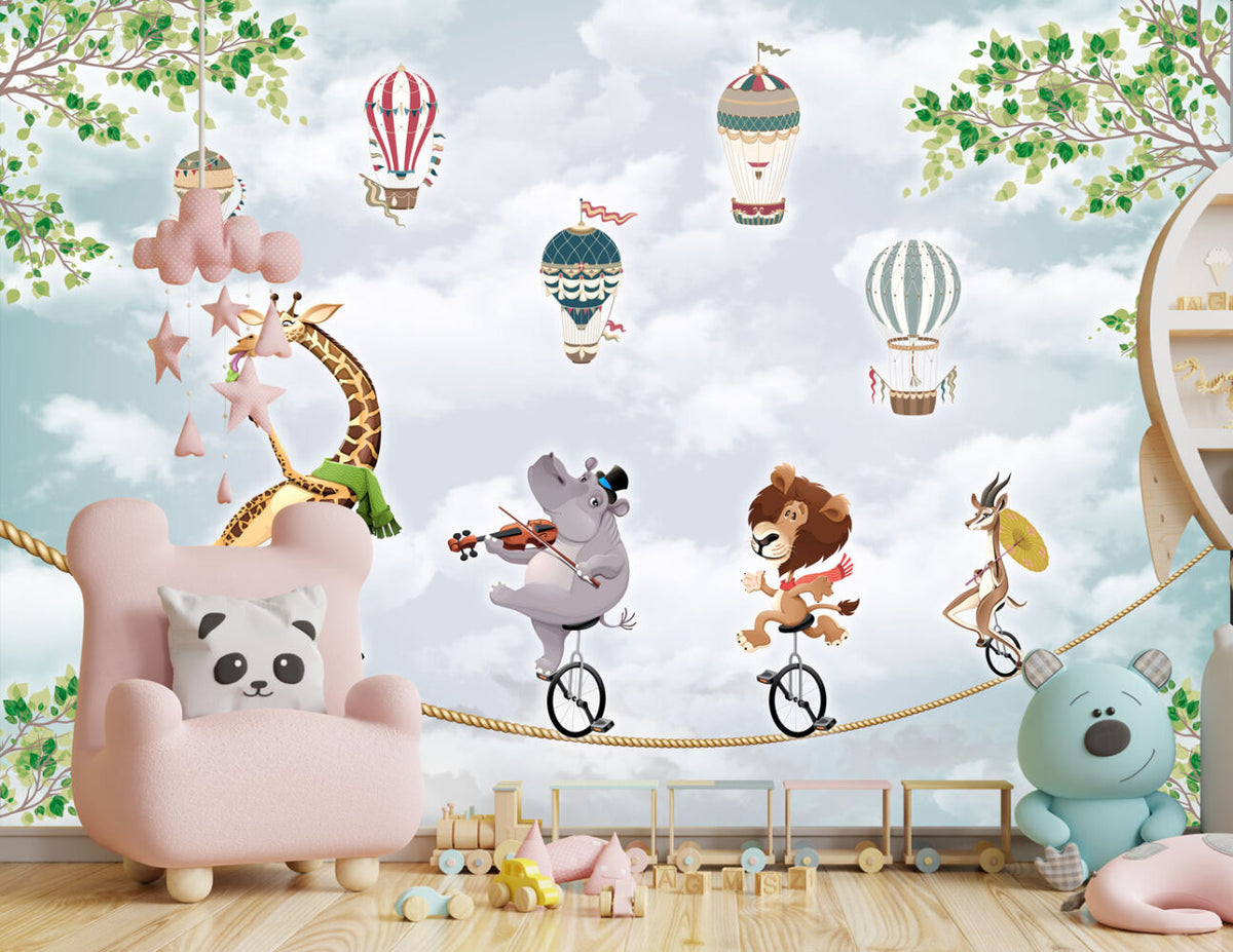 Circus Animals Wallpaper : Tightrope Musicians and Balloons Mural