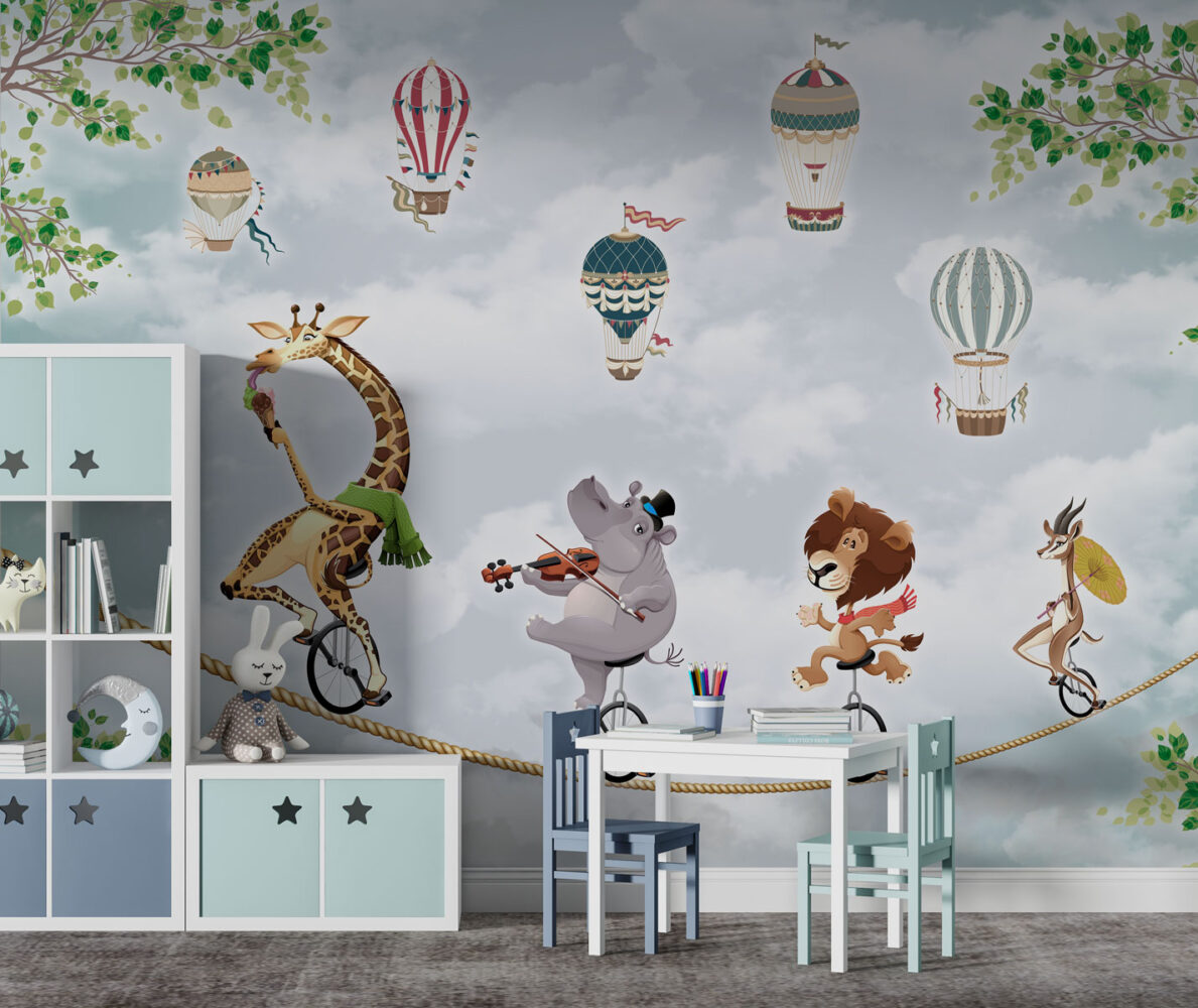 Circus Animals Wallpaper : Tightrope Musicians and Balloons Mural - View 3