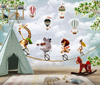 Circus Animals Wallpaper : Tightrope Musicians and Balloons Mural - View 4