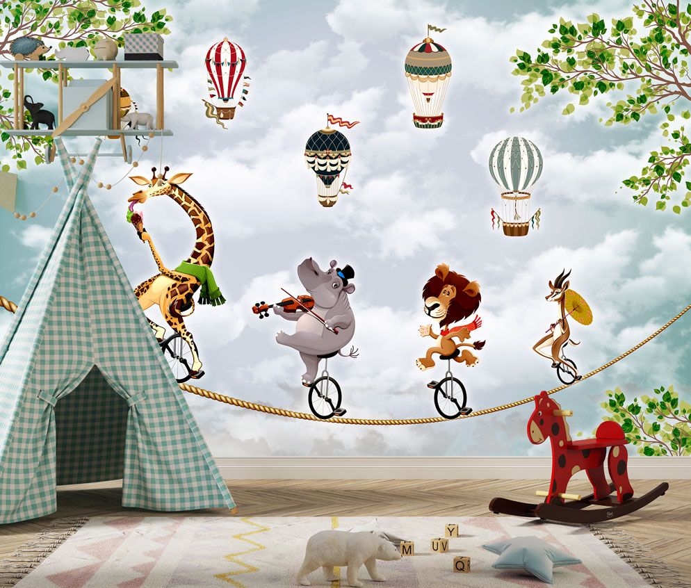 Circus Animals Wallpaper : Tightrope Musicians and Balloons Mural - View 4