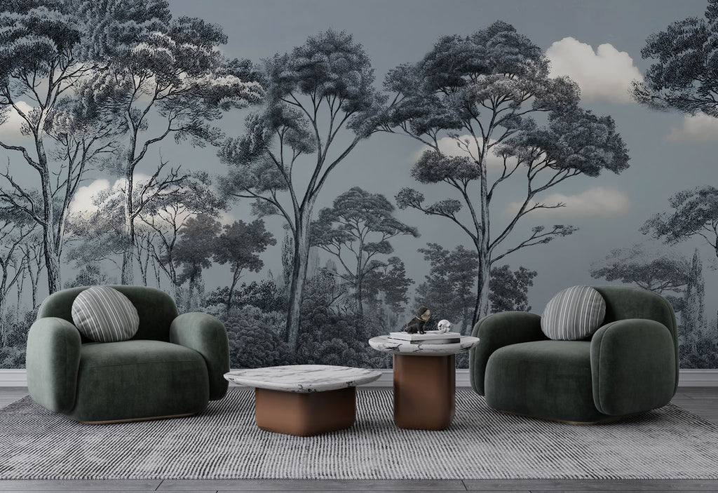 Grey Sketched Forest Wallpaper : Line Art Acacia Trees Mural - View 3