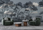 Grey Sketched Forest Wallpaper : Line Art Acacia Trees Mural - View 3