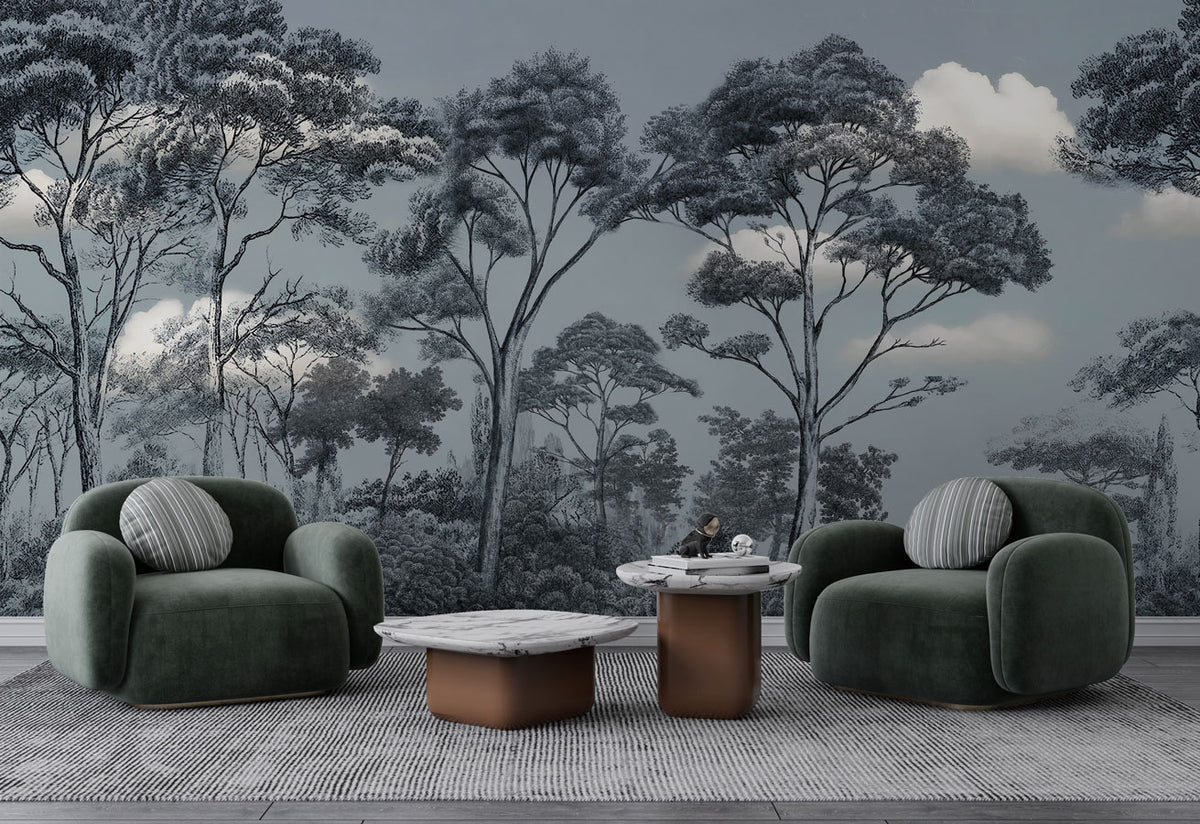 Grey Sketched Forest Wallpaper : Line Art Acacia Trees Mural - View 3