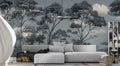 Grey Sketched Forest Wallpaper : Line Art Acacia Trees Mural