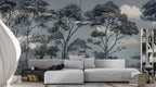 Grey Sketched Forest Wallpaper : Line Art Acacia Trees Mural