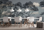 Grey Sketched Forest Wallpaper : Line Art Acacia Trees Mural - View 4