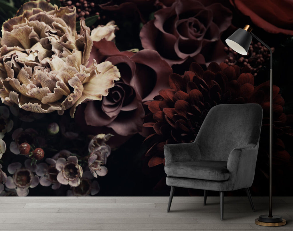 Dark Rose Wallpaper : Burgundy 3D Flowers Mural - View 3