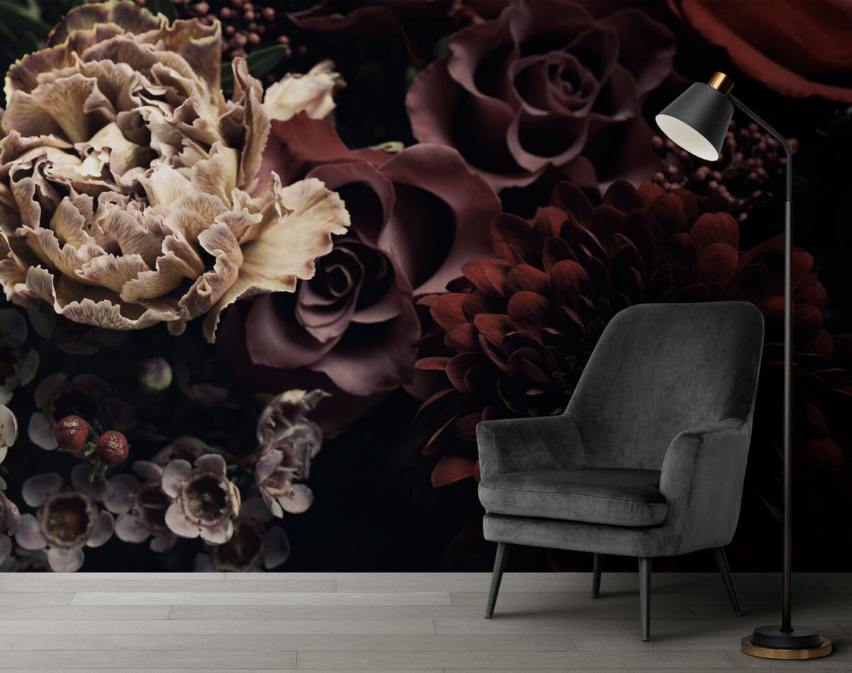 Dark Rose Wallpaper : Burgundy 3D Flowers Mural - View 3