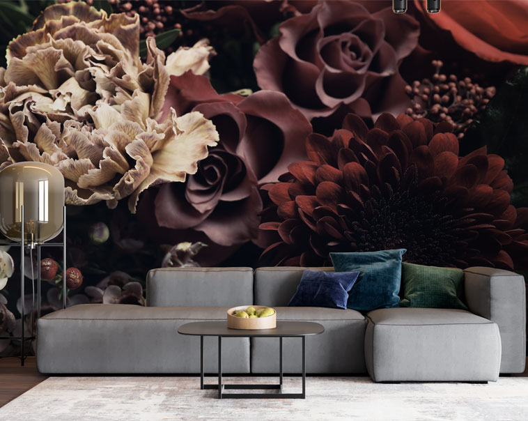 Dark Rose Wallpaper : Burgundy 3D Flowers Mural - View 4