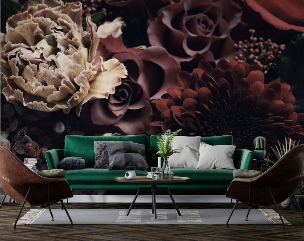 Dark Rose Wallpaper : Burgundy 3D Flowers Mural
