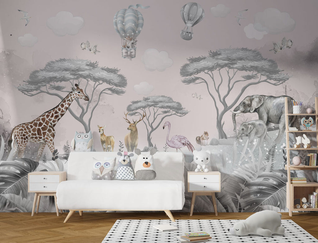Pink Safari Wallpaper : Giraffe and Elephant Kids Mural - View 3