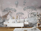 Pink Safari Wallpaper : Giraffe and Elephant Kids Mural - View 3