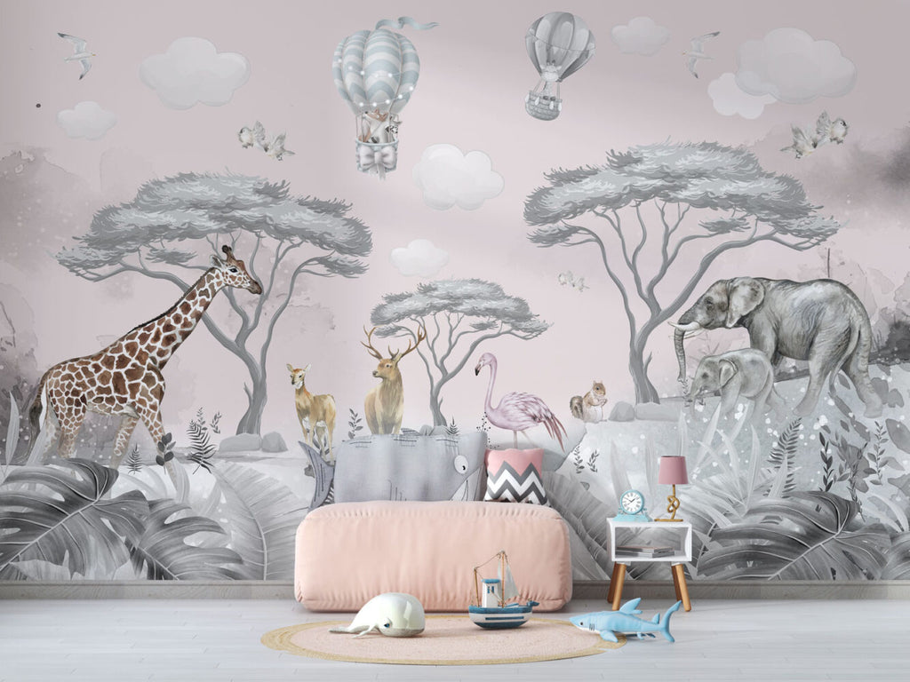 Pink Safari Wallpaper : Giraffe and Elephant Kids Mural