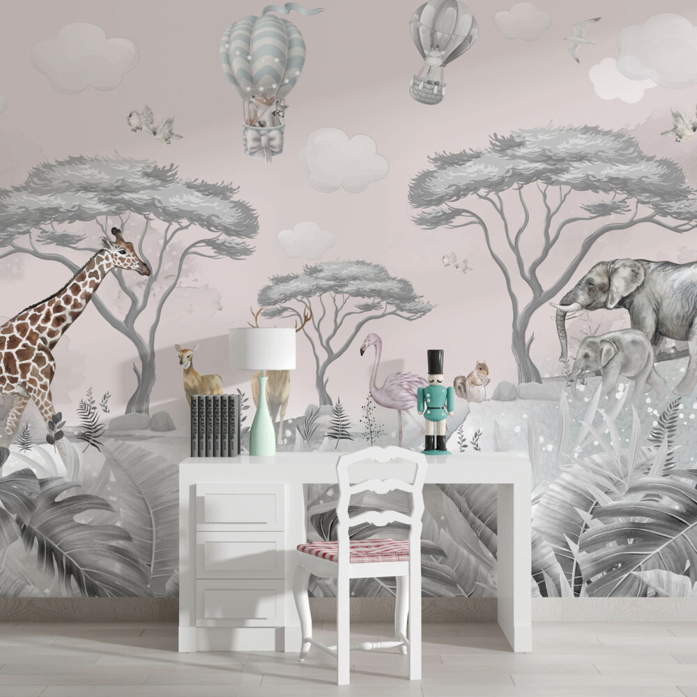 Pink Safari Wallpaper : Giraffe and Elephant Kids Mural - View 4