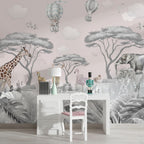 Pink Safari Wallpaper : Giraffe and Elephant Kids Mural - View 4