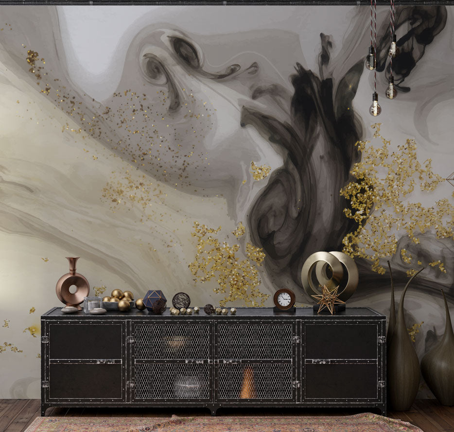 Grey Gold Marble Wallpaper : Smoky Swirl Luxury Mural - View 3