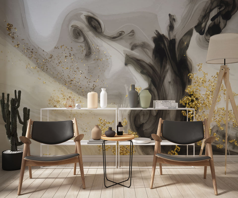 Grey Gold Marble Wallpaper : Smoky Swirl Luxury Mural