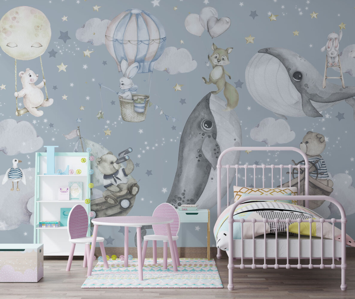 Whale Sky Wallpaper : Flying Animals Starry Kids Mural - View 3