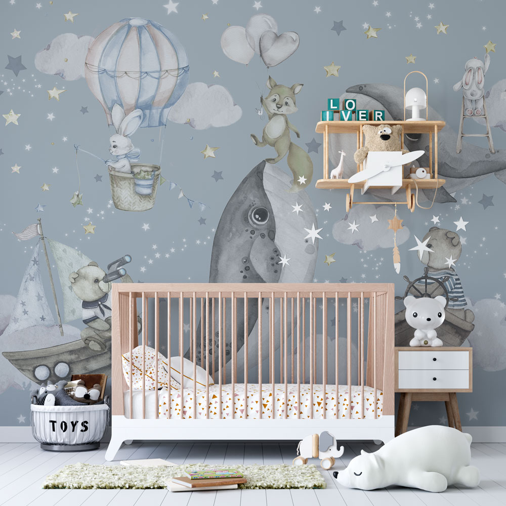 Whale Sky Wallpaper : Flying Animals Starry Kids Mural - View 4