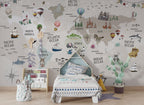 Kids World Map Wallpaper : Animals and Landmarks Mural - View 3