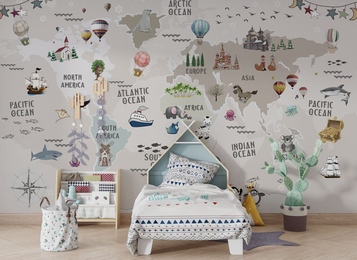 Kids World Map Wallpaper : Animals and Landmarks Mural - View 3