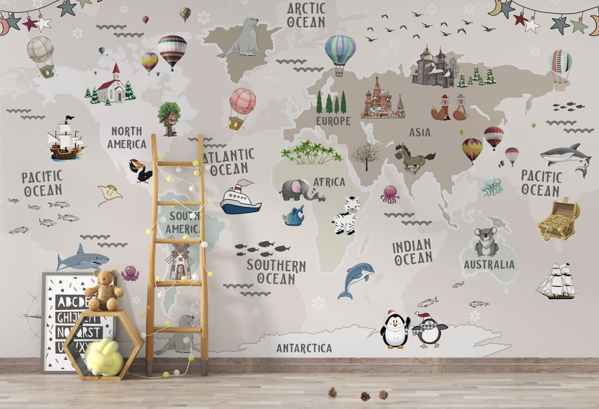 Kids World Map Wallpaper : Animals and Landmarks Mural - View 4