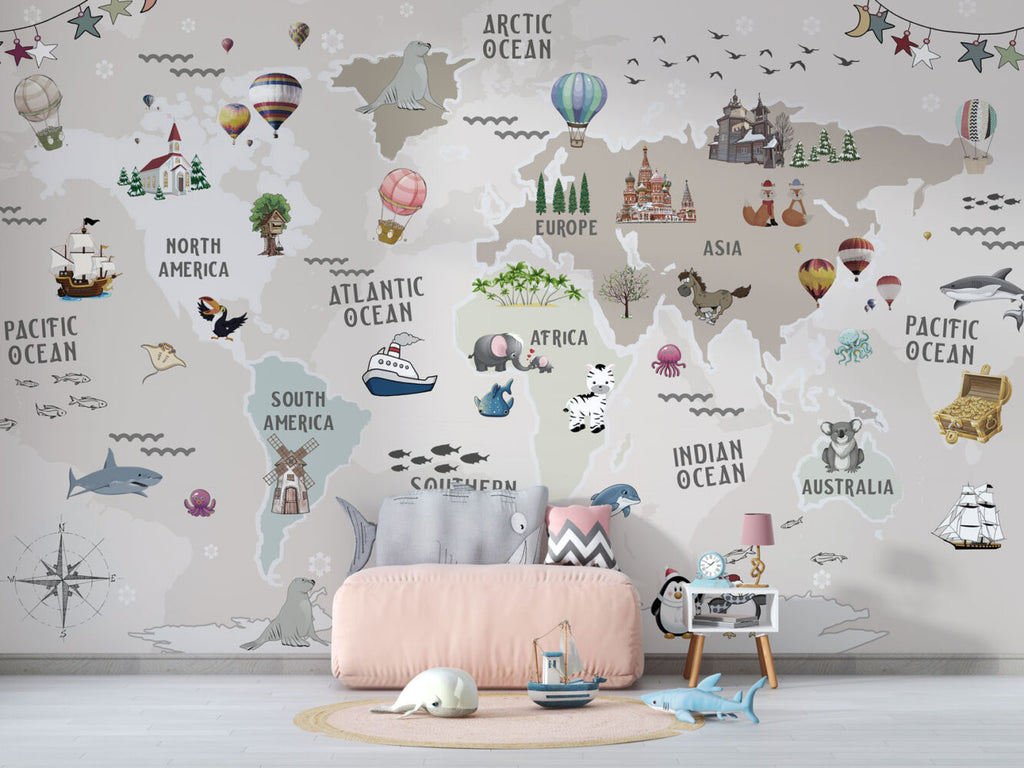 Kids World Map Wallpaper : Animals and Landmarks Mural