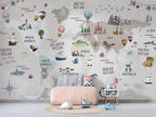 Kids World Map Wallpaper : Animals and Landmarks Mural