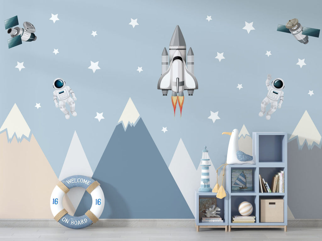 Space Rocket Wallpaper : Astronauts and Mountains Kids Mural