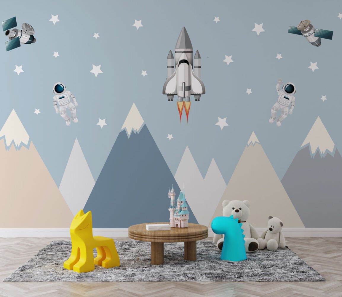 Space Rocket Wallpaper : Astronauts and Mountains Kids Mural - View 3