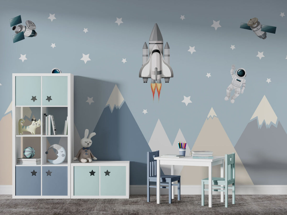 Space Rocket Wallpaper : Astronauts and Mountains Kids Mural - View 4