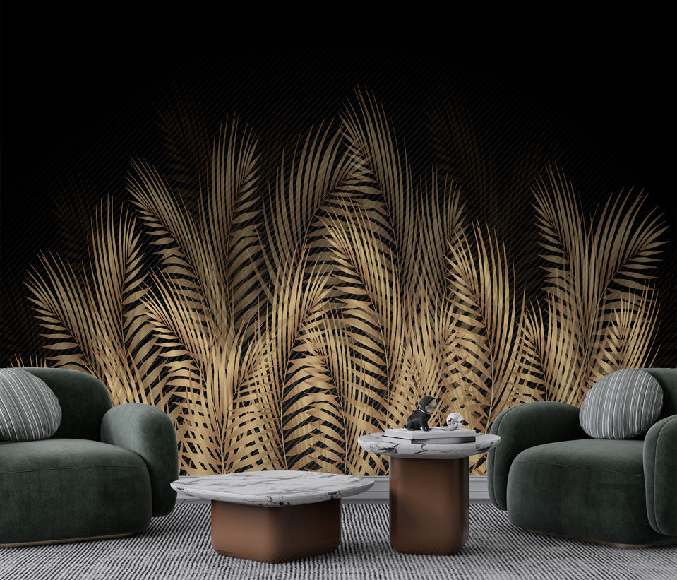 Gold Palm Leaf Wallpaper : Black Tropical Fronds Mural - View 3