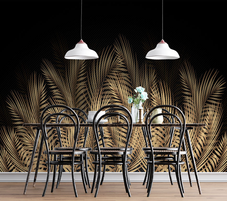 Gold Palm Leaf Wallpaper : Black Tropical Fronds Mural