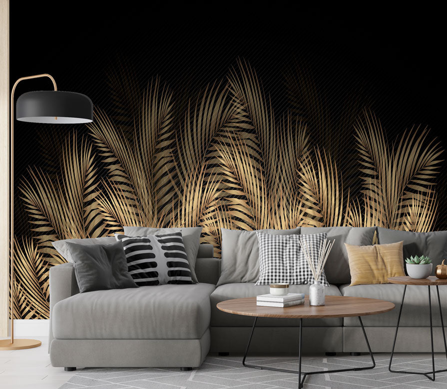 Gold Palm Leaf Wallpaper : Black Tropical Fronds Mural - View 4