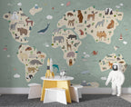 Turquoise Animal World Map Wallpaper : Kids Safari Map Mural - View 3