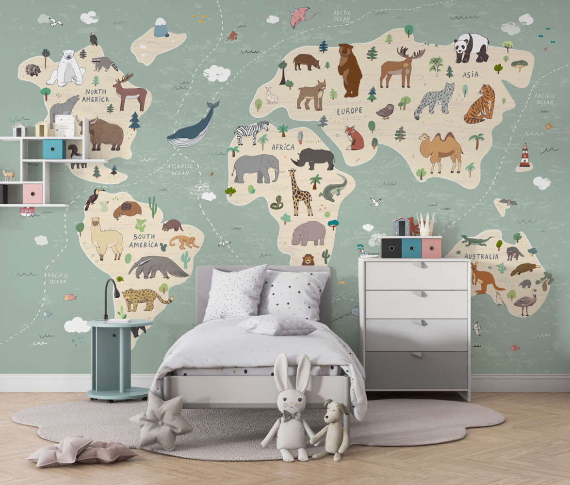 Turquoise Animal World Map Wallpaper : Kids Safari Map Mural