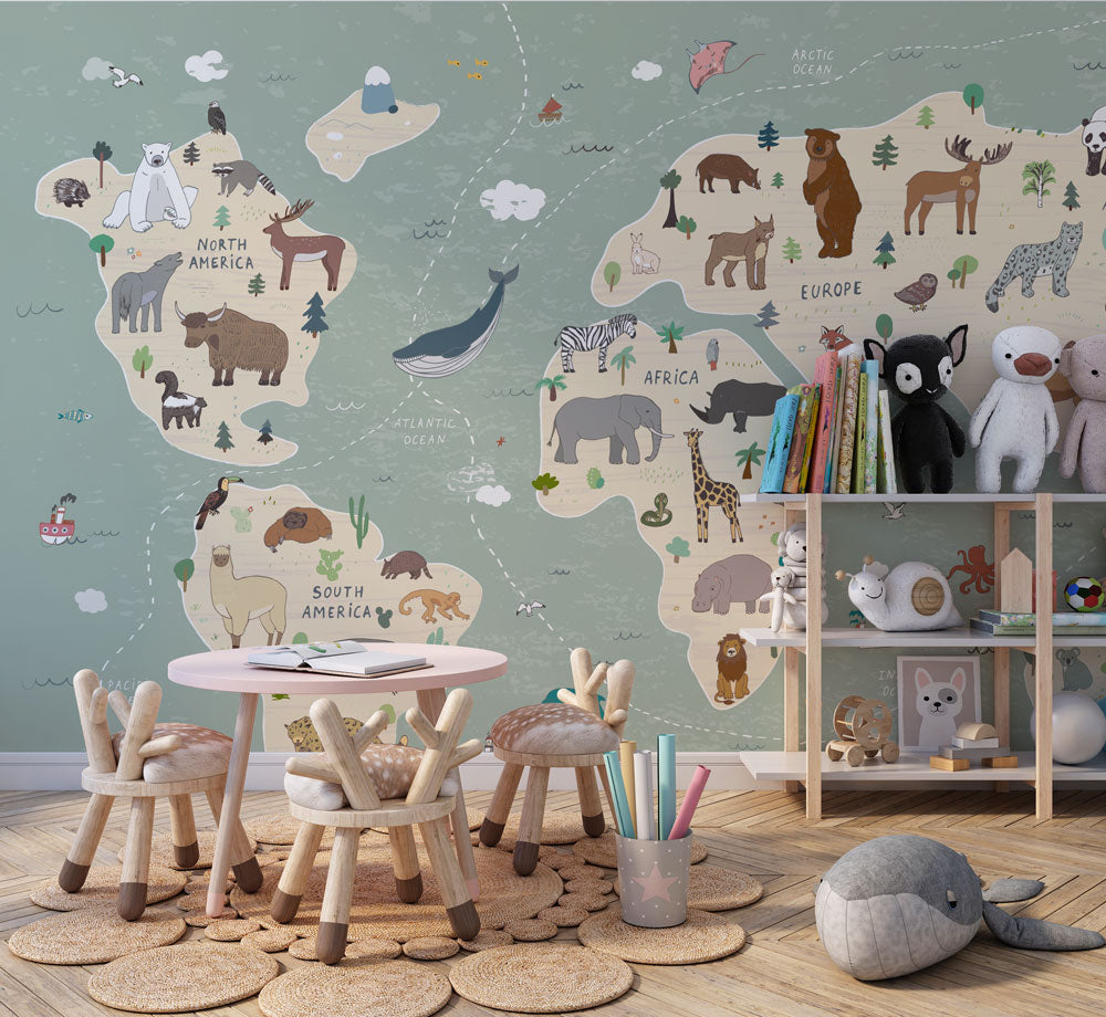 Turquoise Animal World Map Wallpaper : Kids Safari Map Mural - View 4