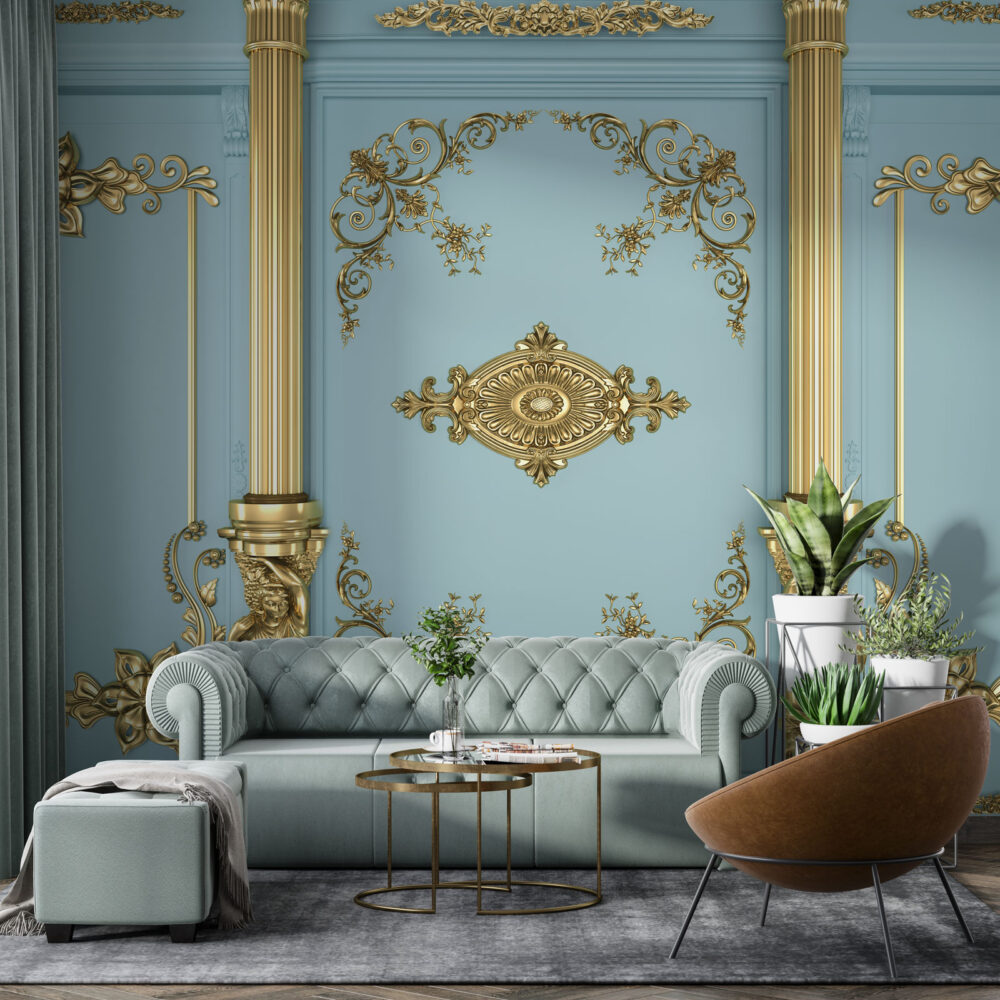 Gold Ornament Panel Wallpaper : Baroque Molding Pale Blue Mural