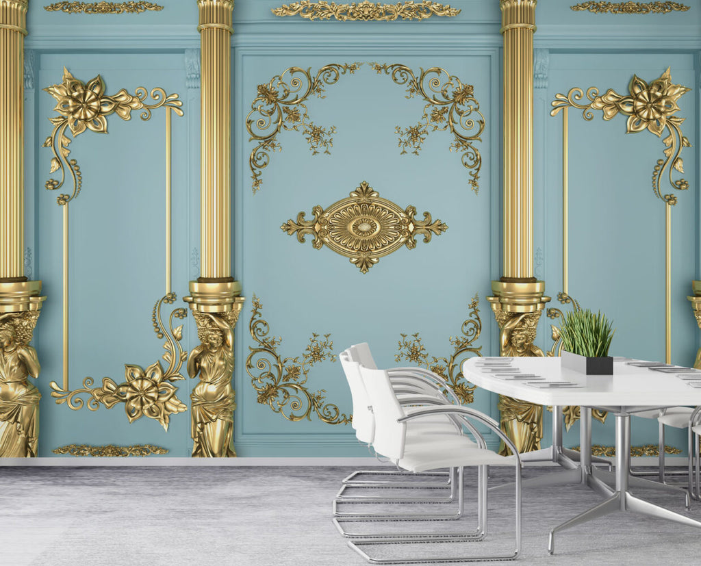 Gold Ornament Panel Wallpaper : Baroque Molding Pale Blue Mural - View 4