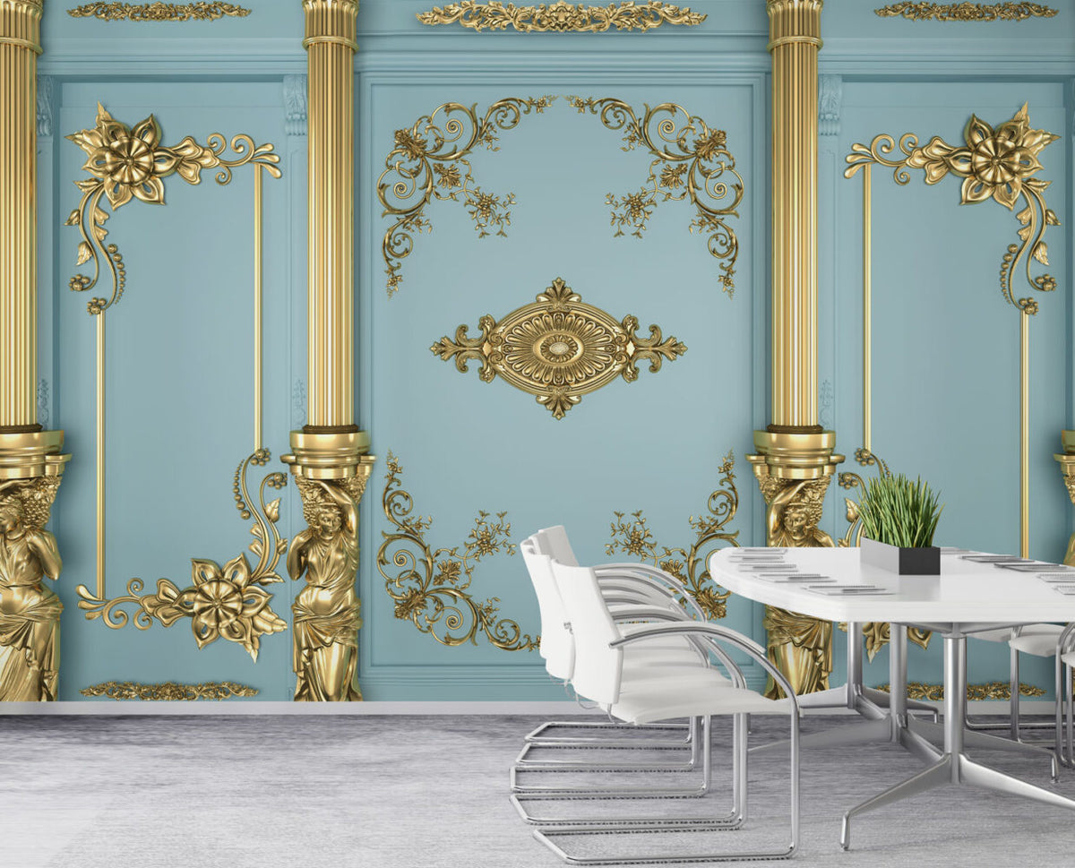 Gold Ornament Panel Wallpaper : Baroque Molding Pale Blue Mural - View 4